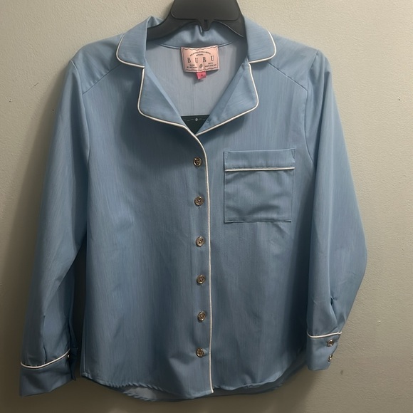 NWT DENIM CHAMBRAY NOTCH COLLAR CHEST POCKET LONG SLEEVE TOP - Picture 4 of 8